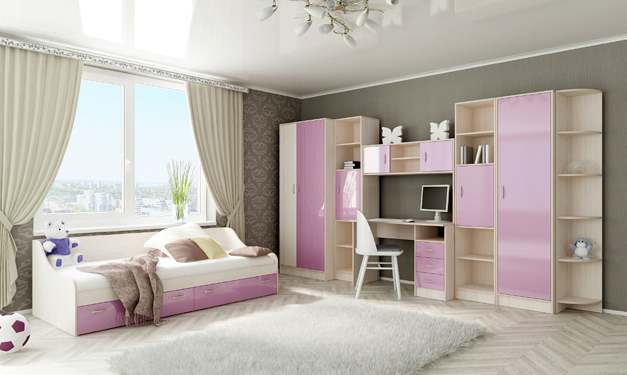 Мебель для детской Буратино розовый/дуб молочный.
